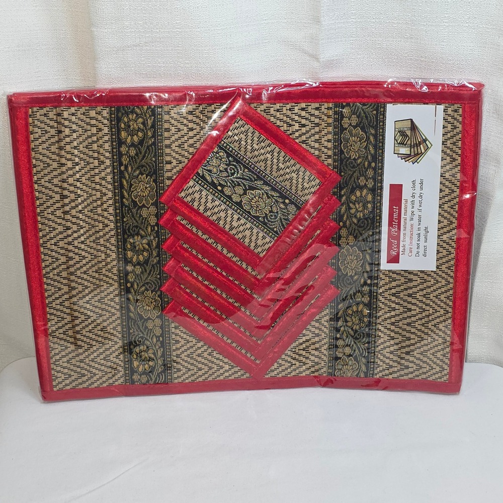 Thai Reed Placemat & Coaster Set 12 pc Woven Natural Fiber Red Gold Floral Decor